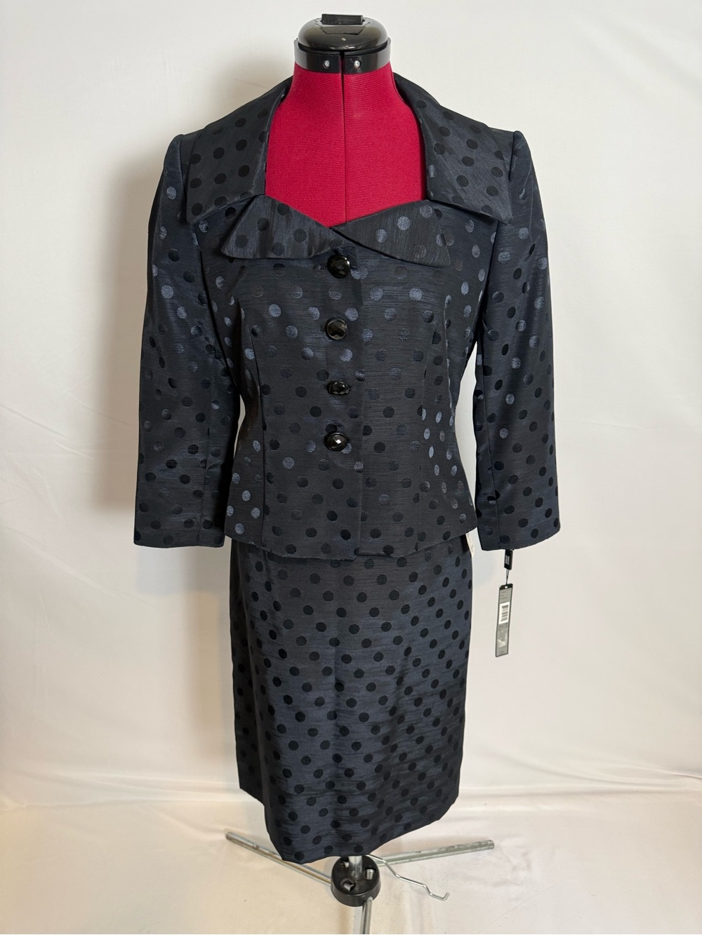 NWT Tahari ASL Skirt Suit Size 4P Blue Polka Dot 2-Piece Set Blazer & Skirt